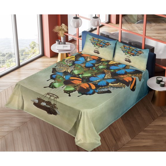 Ambesonne Butterfly Fitted & Top Sheet Set with Shams, Spring Season Animals, Multicolor