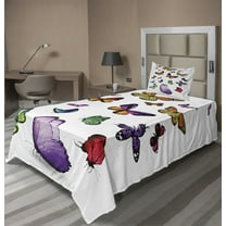 Ambesonne Colorful Fitted & Top Sheet Set with Sham, Flying Butterflies, Multicolor