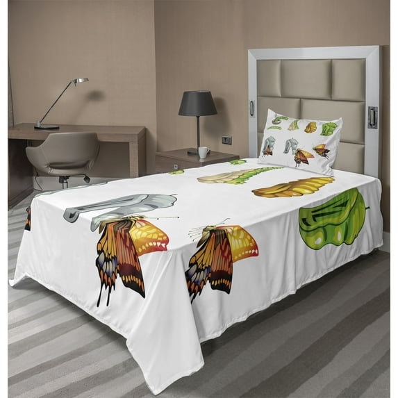 Ambesonne Butterfly Fitted & Top Sheet Set with Sham, Cocoon Nature Cycle, Multicolor