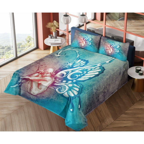 Ambesonne Fantasy Fitted & Top Sheet Set with Shams, Butterfly Winged, Blue Purple
