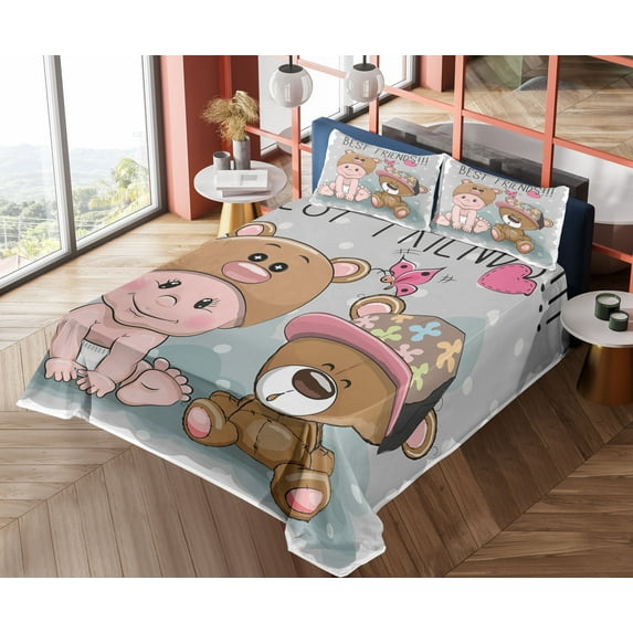 Ambesonne Colorful Fitted & Top Sheet Set with Shams, Teddy Bear Butterflies, Multicolor