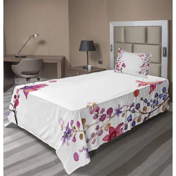 Ambesonne Butterfly Fitted & Top Sheet Set with Sham, Aquarelle Floral Boho Art, Purple White Pink