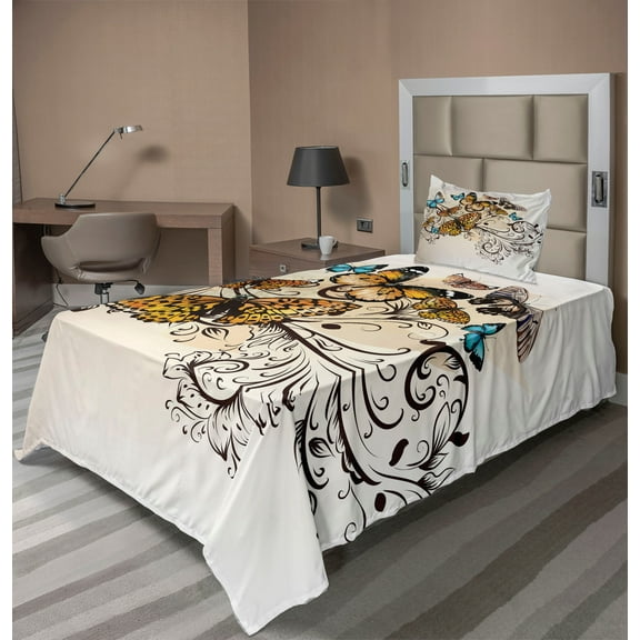 Ambesonne Ombre Fitted & Top Sheet Set with Sham, Monarch Vintage Damask, Pale Brown Sky Blue