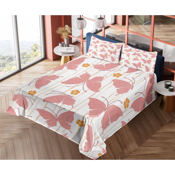 Butterfly Sheet Set, Pattern of Butterflies Small Flowers with Digital Dots Stripes, Fitted and Flat Sheet with Pillowcases Bedding Accent 4 Piece Set, Queen, Red Orange Cream, by Ambesonne