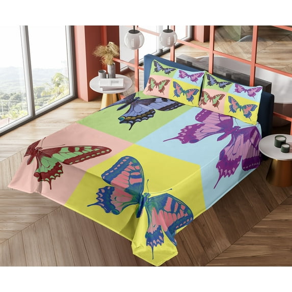 Ambesonne Butterfly Fitted & Top Sheet Set with Shams, Pop Art Swallowtail, Multicolor