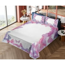 Ambesonne Butterfly Fitted & Top Sheet Set with Shams, Fantasy Vibrant Color, Pink Purple Grey