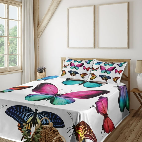 Ambesonne Nature Fitted & Top Sheet Set with Shams, Vibrant Butterflies Set, Multicolor