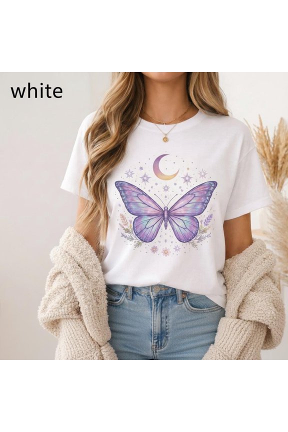 Butterfly Shirt Crescent Moon Butterfly T-shirt Boho Unisex Shirt Gift for Friend Gift Celestial Space Shirt Purple Butterfly, Vintage Birthday Gift