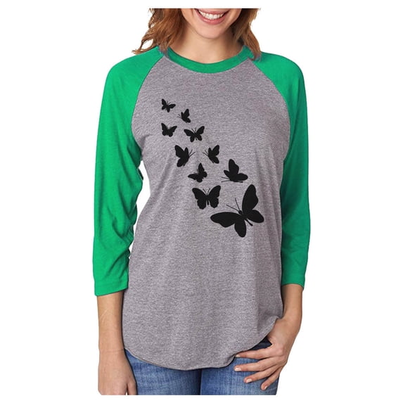 Butterfly Shirt Womens & Girls Summer 3/4 Women Sleeve Baseball Jersey - Summer's Perfect Casual & Chic Butterfly-Themed Jersey Shirt Medium Green/Heather