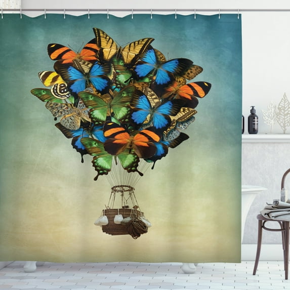 Butterfly Shower Curtain, Balloon Themed Composition with Spring Season Animals Vintage Weathered Effect, Fabric Bathroom Set with Hooks, 69W X 70L Inches, Multicolor, by Ambesonne