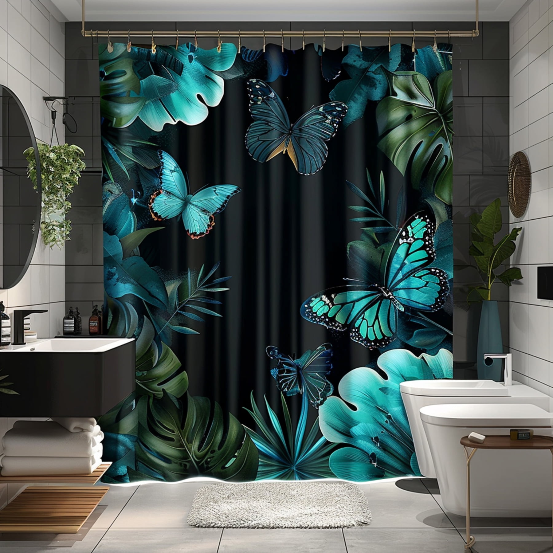 Butterfly Shower Curtain Dark Blue Teal Design White Tiles Plants Soft ...