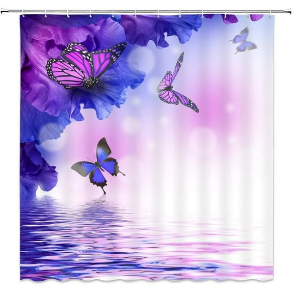 Butterfly Shower Curtain Fantasy Blue and Purple Flower Butterflies Wings Dream Water Ripple Floral Animal Lake Spa Spring Scenery Fabric Bathroom Decor Set with Hooks,Blue Purple(84"Wx70"H)