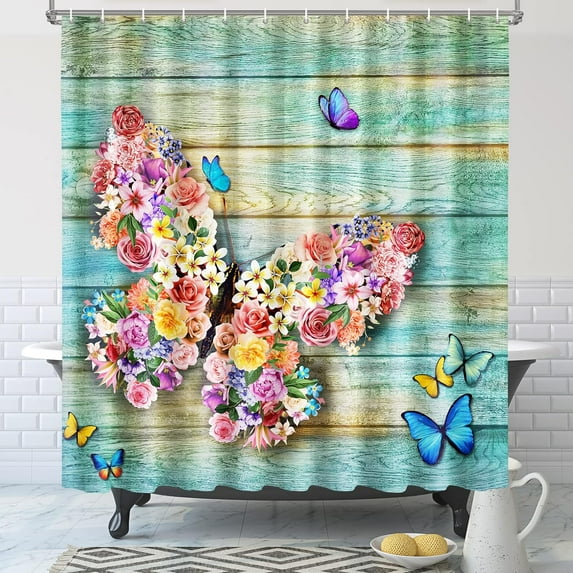 Butterfly Shower Curtain, Flower Shower Curtains for Bathroom with Hook, Waterproof Quick-Dry Polyester Fabric Shower Curtain, Machine Washable Floral Bathroom Set, Bath Curtain Decorative