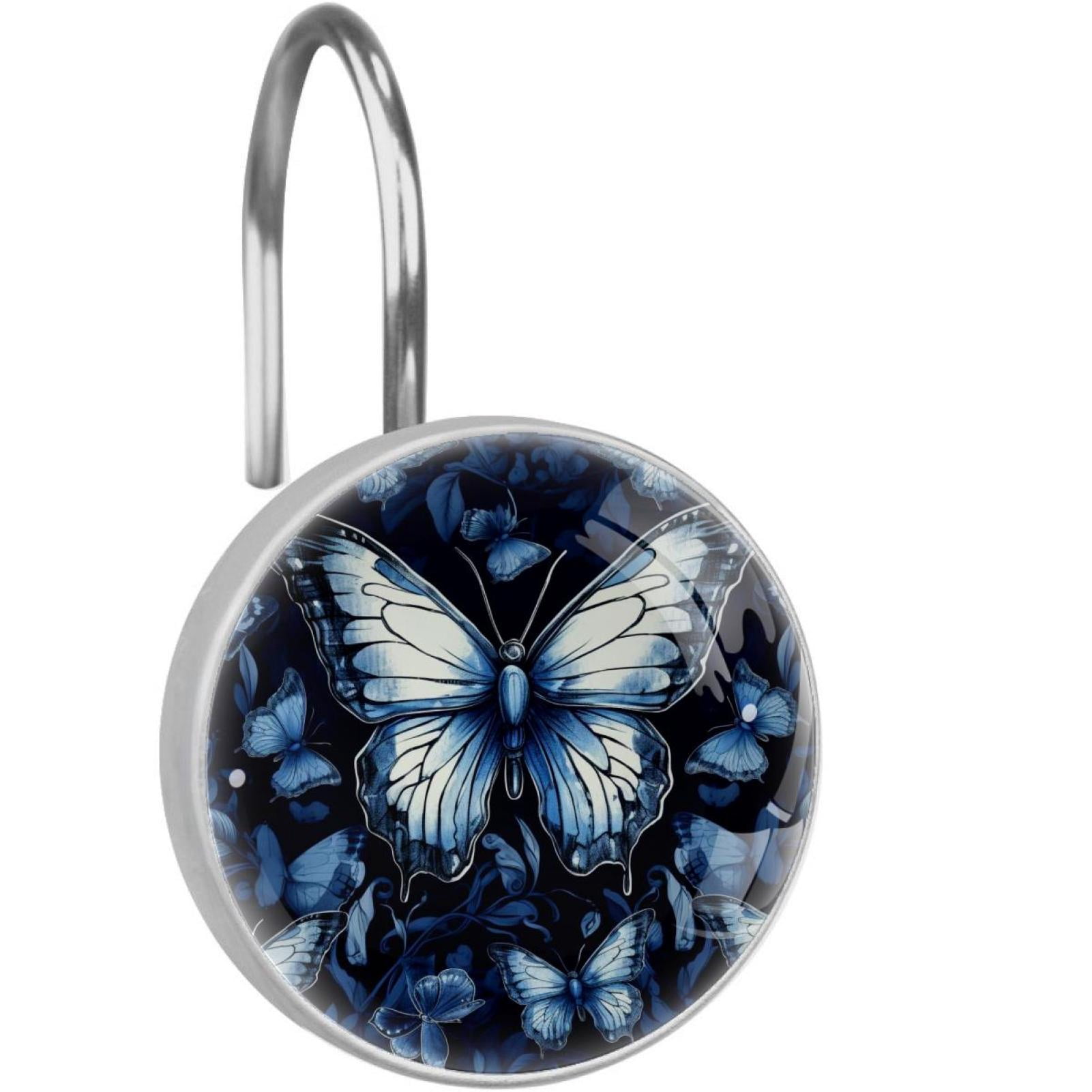 Butterfly Shower Curtain Hooks （Set of 12） for Home Hotel Shower Rods Bathroom Crystal Glass Print Stainless Steel Round Curtain Hooks