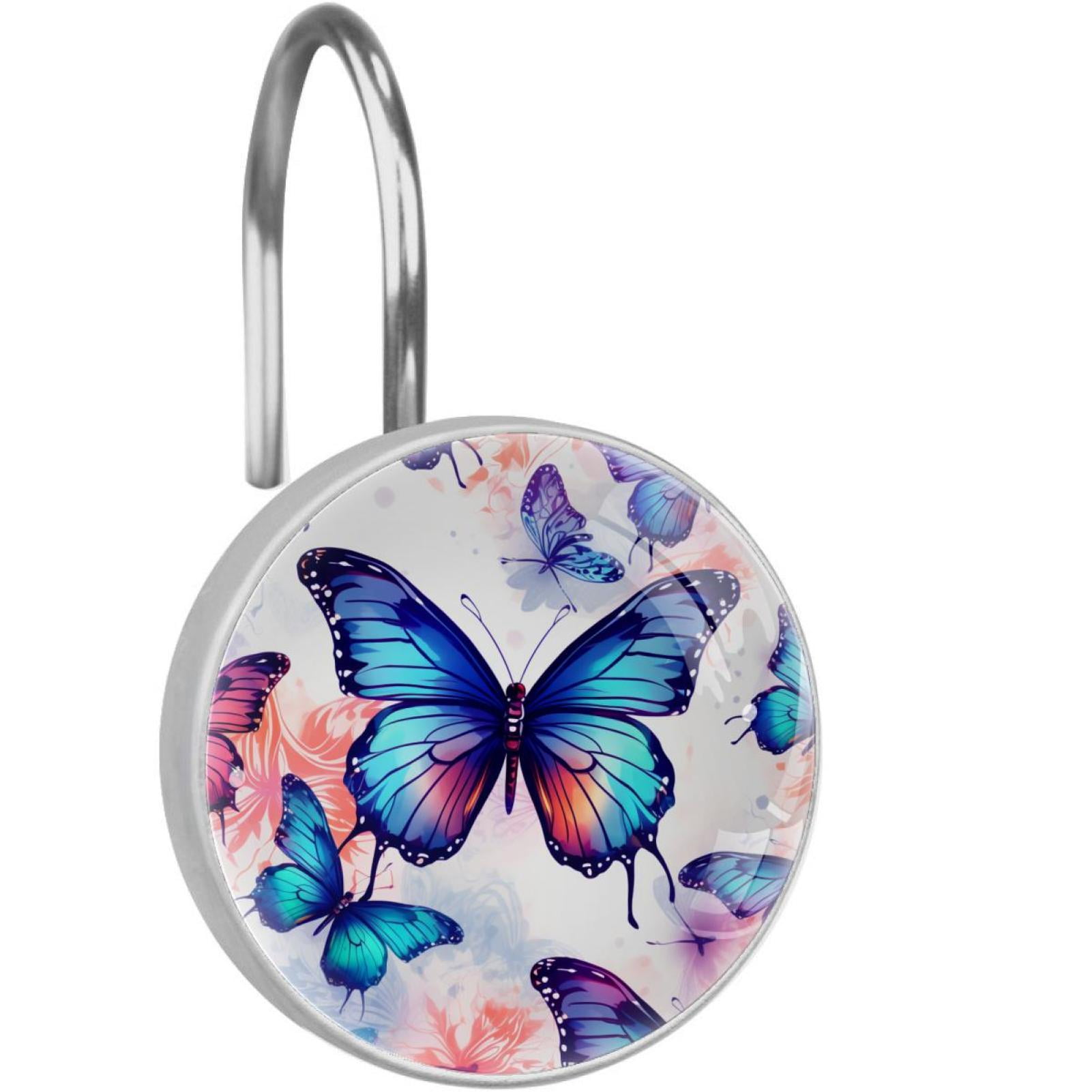 Butterfly Shower Curtain Hooks （Set of 12） for Home Hotel Shower Rods Bathroom Crystal Glass Print Stainless Steel Round Curtain Hooks
