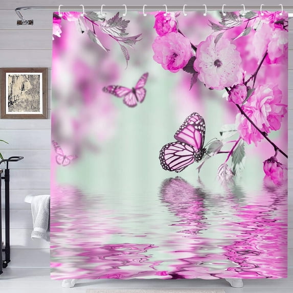Butterfly Shower Curtain Pink Butterfly Water Reflection Bathroom Printing Shower Curtain,Machine Washable Fabric Home Bathroom Privacy Decor Set with Hooks,72x72inch