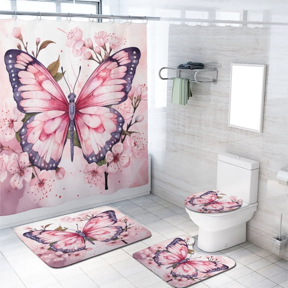 Butterfly Shower Curtain Sets with Rugs 4 Piece Watercolor Cherry Blossoms Floral Spring Waterproof Fabric Cloth Bath Curtain, Non-Slip Bathroom Rugs Bath Mats, 72x72 Inch