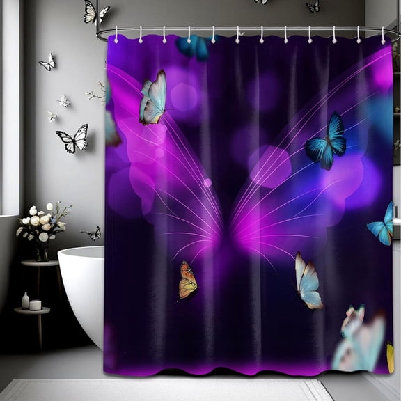 Butterfly Shower Curtain Woman Dark Purple Fantasy Bathroom Decor, Waterproof Fabric with Hooks,