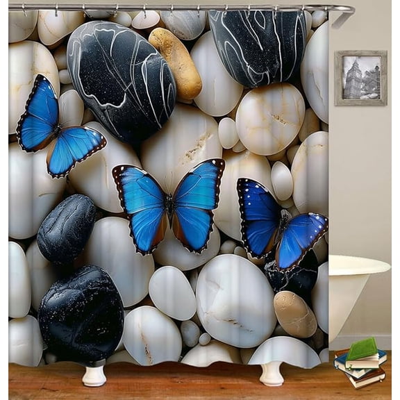 Butterfly Shower Curtain, Zen Stone Colorful Butterfly On The Rock Polyester Cloth Print Bathroom Curtains Include Hooks Set 72"W x 84"L