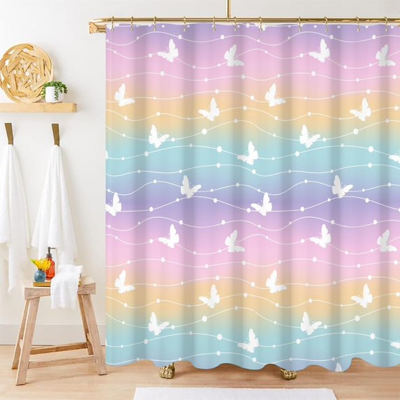 Butterfly Shower Curtain for Girls, Gradient Rainbow Girly Shower Curtain Set with Hooks Dreamy Color Bathroom Decor, 72x72 Inch