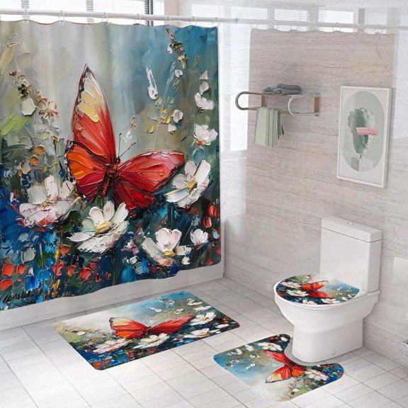 Butterfly Shower Curtains Set with Non- Rugs Bath Mats Toilet Lid Cover,Cartoon Art Animal Bathroom Decor, Funny Cute Butterflys in Floral Bathroom Curtain Shower Sets
