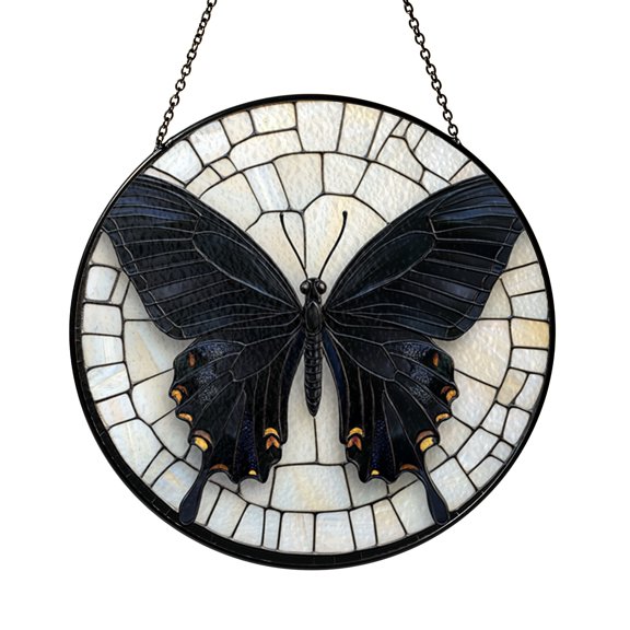 Butterfly Silhouette Round Window Hanging – Decorative Glass Art