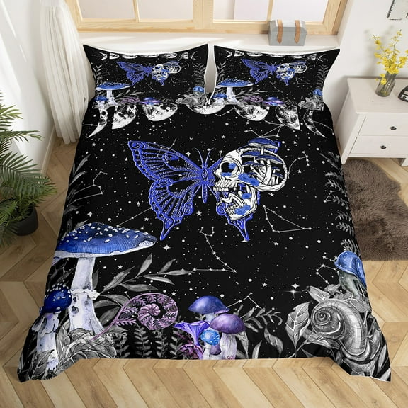 Butterfly Skull Skeleton Comforter Cover Moon Phase Halloween Bedding Set, Hippie Mushroom Death Moth Duvet Cover Night Botanical Gothic Moonlit Print Bedspread Cover with 1 Pillowcase, Twin