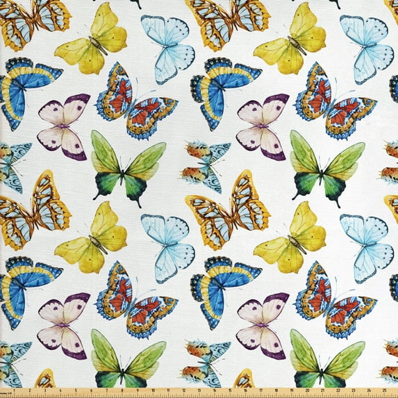 Ambesonne Butterfly Fabric by the Yard Upholstery, Watercolor Ethnic, 3 Yards, Multicolor