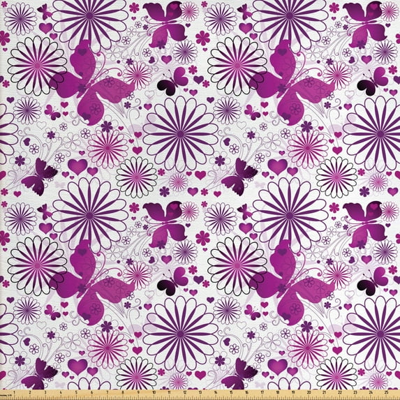 Ambesonne Butterfly Fabric by the Yard Upholstery, Purple Color Fauna, 2 Yards, Purple White