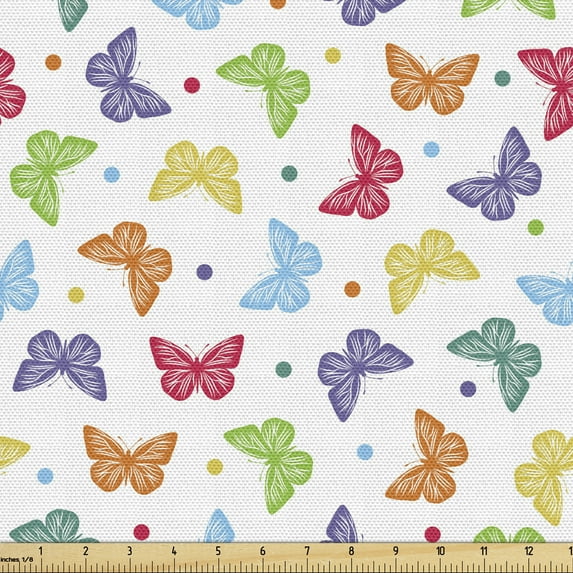 Butterfly Sofa Upholstery Fabric by the Yard, Rainbow Colored Spring Winged Insects Buds and Dots on Plain Backdrop, Decorative Fabric for DIY and Home Accents, White and Multicolor by Ambesonne
