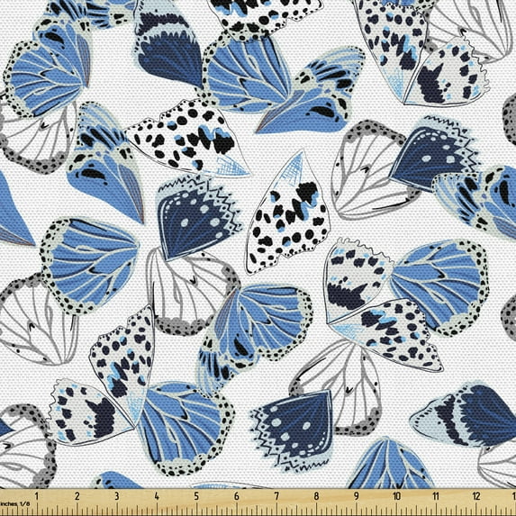 Butterfly Sofa Upholstery Fabric by the Yard, Wings of Moths in Bluish Colors on Plain Background Natural Abstract Art, Decorative Fabric for DIY and Home Accents, Blue Grey and White by Ambesonne