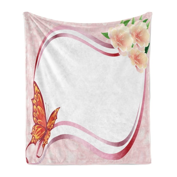 Butterfly Soft Flannel Fleece Blanket, Abstract Design with Floral Ornament and Vibrant Butterfly Wavy Lines Pale Pink, Cozy Plush for Indoor and Outdoor Use, 70" x 90", Multicolor, by Ambesonne