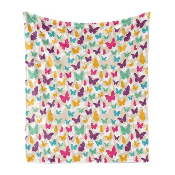 Butterfly Soft Flannel Fleece Blanket, Colorful Flying Butterfly Silhouettes Fantasy Dreamy Spring Nature Wildlife Theme, Cozy Plush for Indoor and Outdoor Use, 70" x 90", Multicolor, by Ambesonne
