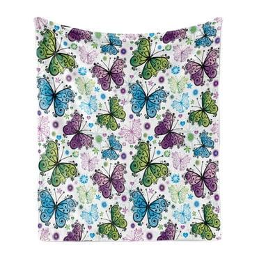 Butterfly Soft Flannel Fleece Blanket, Colorful Spring Season Animals with Ornamental Wings Hearts and Dots Illustration, Cozy Plush for Indoor and Outdoor Use, 50" x 70", Multicolor, by Ambesonne