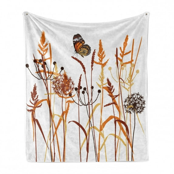 Butterfly Soft Flannel Fleece Blanket, Composition with Leaves and Winged Animal Spring Season Plant Blossom, Cozy Plush for Indoor and Outdoor Use, 50" x 60", Orange Burgundy White, by Ambesonne