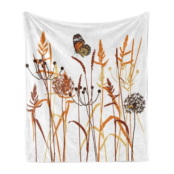 Butterfly Soft Flannel Fleece Blanket, Composition with Leaves and Winged Animal Spring Season Plant Blossom, Cozy Plush for Indoor and Outdoor Use, 60" x 80", Orange Burgundy White, by Ambesonne