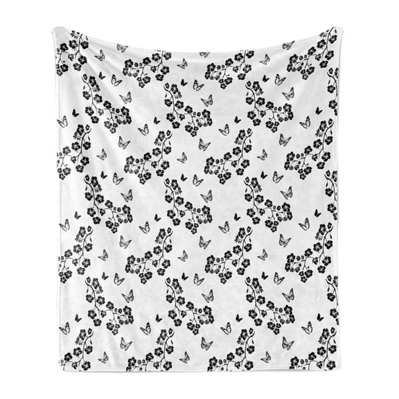 Butterfly Soft Flannel Fleece Blanket, Japanese Inspired Monochrome Sakura Blossom Silhouette Coming of the Spring Tree, Cozy Plush for Indoor and Outdoor Use, 70" x 90", Black White, by Ambesonne