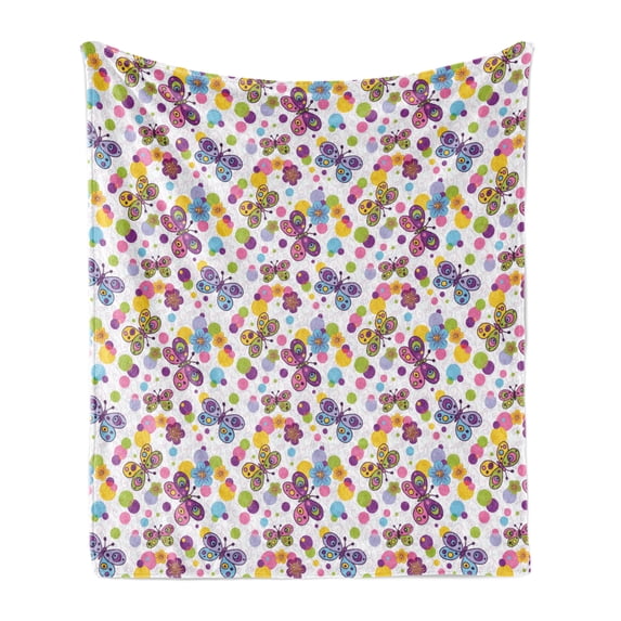 Butterfly Soft Flannel Fleece Blanket, Vibrant Flora Patterned and Polka Dotted Background with Vintage Inspired Animals, Cozy Plush for Indoor and Outdoor Use, 50" x 70", Multicolor, by Ambesonne
