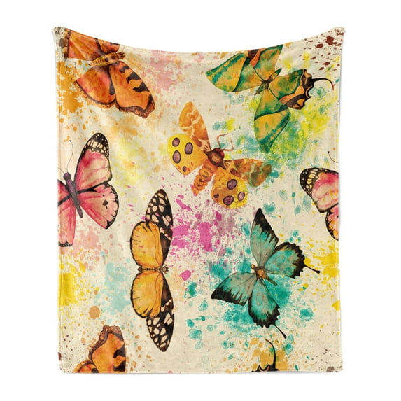 Butterfly Soft Flannel Fleece Blanket, Watercolor Murky Grungy Butterflies with Color Splashes Be Mindful Boho Art Print, Cozy Plush for Indoor and Outdoor Use, 70" x 90", Multicolor, by Ambesonne