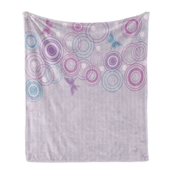 Butterfly Soft Flannel Fleece Throw Blanket, Abstract Soft Color Background with Summer Season Animals and Circles, Cozy Plush for Indoor and Outdoor Use, 60" x 80", Lilac Blue Pink, by Ambesonne