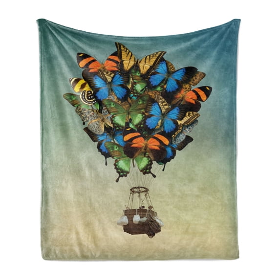 Butterfly Soft Flannel Fleece Throw Blanket, Abstract Design Air Balloon Graphic with Colorful Butterflies and Basket Cabin, Cozy Plush for Indoor and Outdoor Use, 60" x 80", Multicolor, by Ambesonne