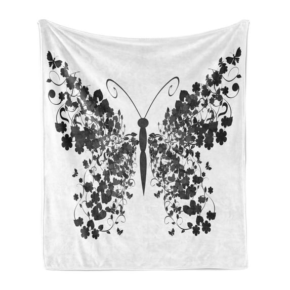 Butterfly Soft Flannel Fleece Throw Blanket, Abstract Insect Graphic with Leafy Wings in Monochromatic Design Print, Cozy Plush for Indoor and Outdoor Use, 50" x 70", Grey and Pale Grey, by Ambesonne