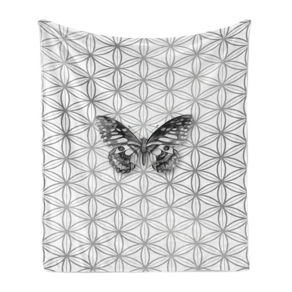 Butterfly Soft Flannel Fleece Throw Blanket, Animal Butterfly on Geometric Fragments Modern Inspired Illustration, Cozy Plush for Indoor and Outdoor Use, 70" x 90", White and Grey, by Ambesonne