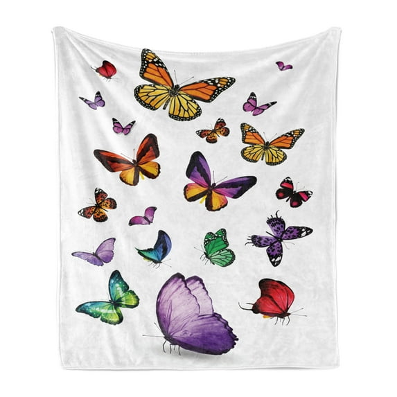 Butterfly Soft Flannel Fleece Throw Blanket, Arrangement of Different Colored Flying Butterflies Independent Animal, Cozy Plush for Indoor and Outdoor Use, 70" x 90", Multicolor, by Ambesonne