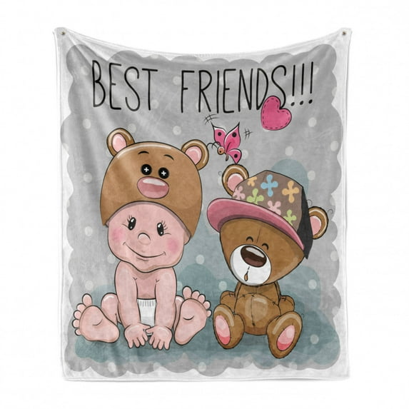Butterfly Soft Flannel Fleece Throw Blanket, Cartoon Baby in Bear Hat and Teddy Bear with Butterflies Best Friends Print, Cozy Plush for Indoor and Outdoor Use, 50" x 60", Multicolor, by Ambesonne