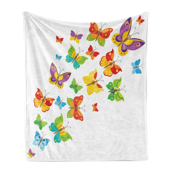 Butterfly Soft Flannel Fleece Throw Blanket, Cartoon Butterfly Composition with Rainbow Colors Spring Season Animals Bugs, Cozy Plush for Indoor and Outdoor Use, 70" x 90", Multicolor, by Ambesonne