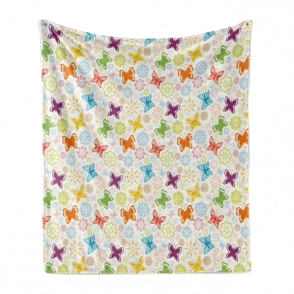 Butterfly Soft Flannel Fleece Throw Blanket, Cartoon Style Animal Silhouette with Flower Patterned Background Vibrant Image, Cozy Plush for Indoor and Outdoor Use, 50" x 70", Multicolor, by Ambesonne