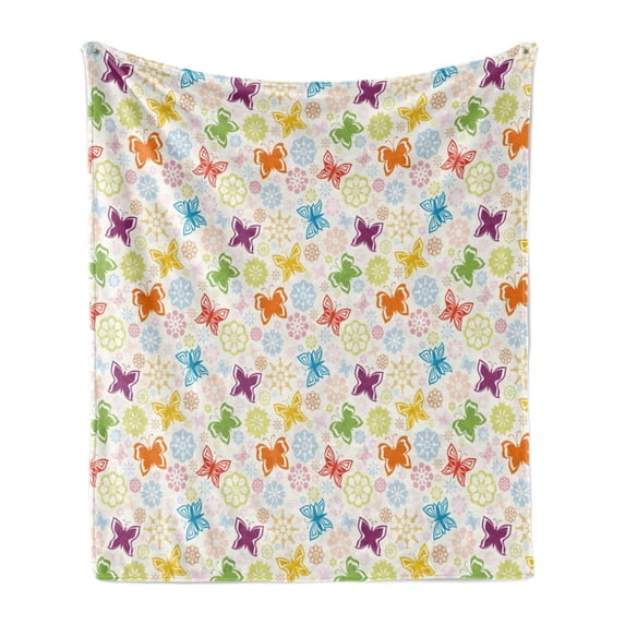 Butterfly Soft Flannel Fleece Throw Blanket, Cartoon Style Animal Silhouette with Flower Patterned Background Vibrant Image, Cozy Plush for Indoor and Outdoor Use, 50" x 70", Multicolor, by Ambesonne