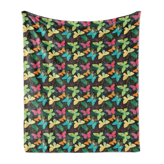 Butterfly Soft Flannel Fleece Throw Blanket, Colorful Silhouettes and Outlines Insect Animals of the Spring Season Pattern, Cozy Plush for Indoor and Outdoor Use, 50" x 60", Multicolor, by Ambesonne