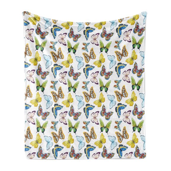 Butterfly Soft Flannel Fleece Throw Blanket, Colorful Watercolor Animals with Numerous Different Designs and Elements, Cozy Plush for Indoor and Outdoor Use, 50" x 60", Multicolor, by Ambesonne